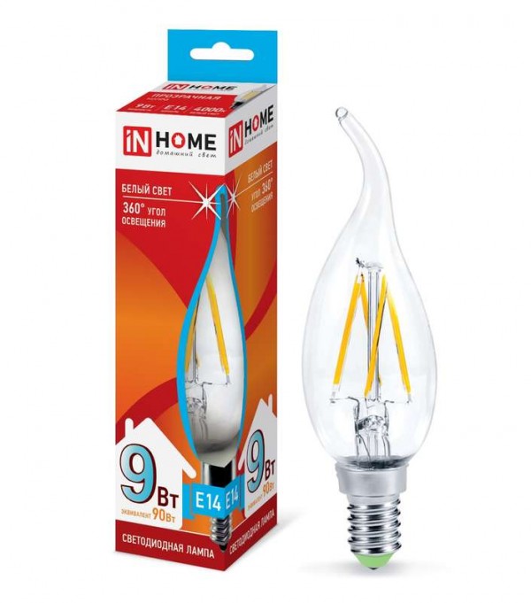  Лампа светодиодная LED-СВЕЧА НА ВЕТРУ-deco 9Вт 230В E14 4000К 810лм прозр. IN HOME 4690612026244 