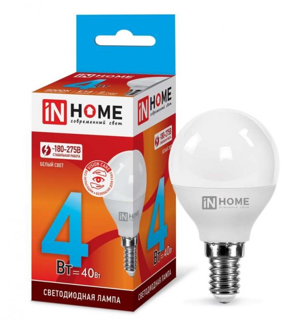  Лампа светодиодная LED-ШАР-VC 4Вт 230В E14 4000К 360лм IN HOME 4690612030531 