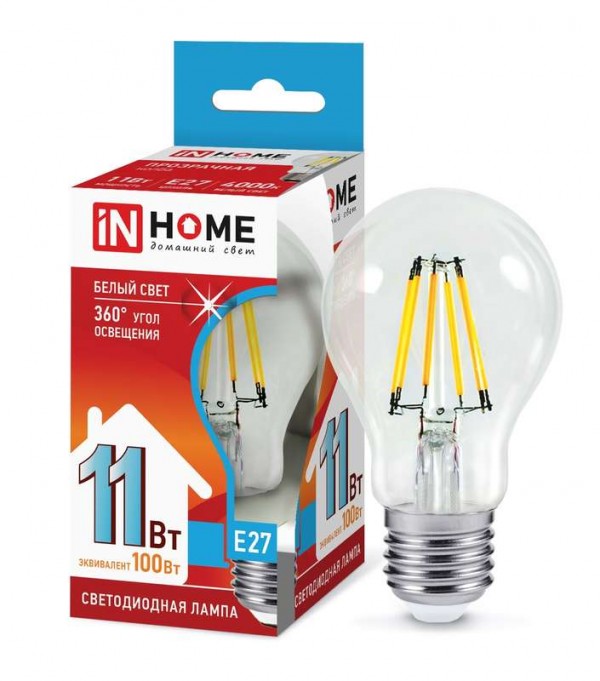  Лампа светодиодная LED-A60-deco 11Вт 230В Е27 4000К 990лм прозр. IN HOME 4690612026145 