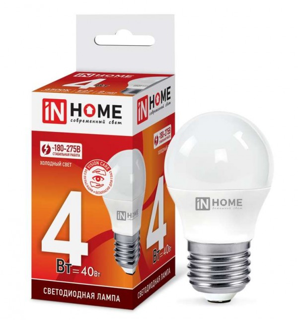  Лампа светодиодная LED-ШАР-VC 4Вт 230В E27 6500К 360лм IN HOME 4690612030616 