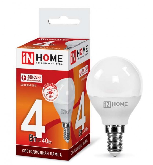  Лампа светодиодная LED-ШАР-VC 4Вт 230В E14 6500К 360лм IN HOME 4690612030555 