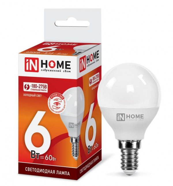 Лампа светодиодная LED-ШАР-VC 6Вт 230В E14 6500К 540лм IN HOME 4690612030630 
