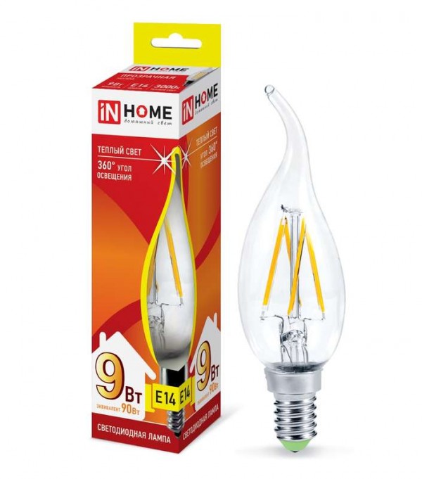  Лампа светодиодная LED-СВЕЧА НА ВЕТРУ-deco 9Вт 230В E14 3000К 810лм прозр. IN HOME 4690612026220 