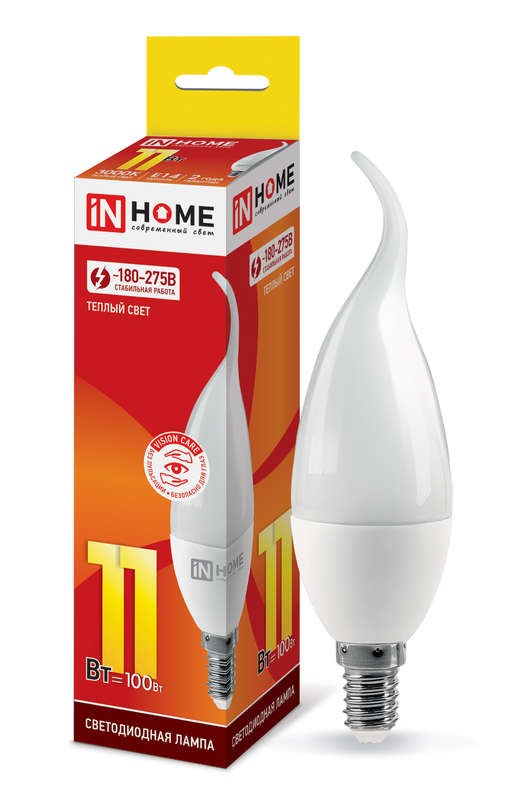  Лампа светодиодная LED-СВЕЧА НА ВЕТРУ-VC 11Вт 230В E14 3000К 990лм IN HOME 4690612030456 