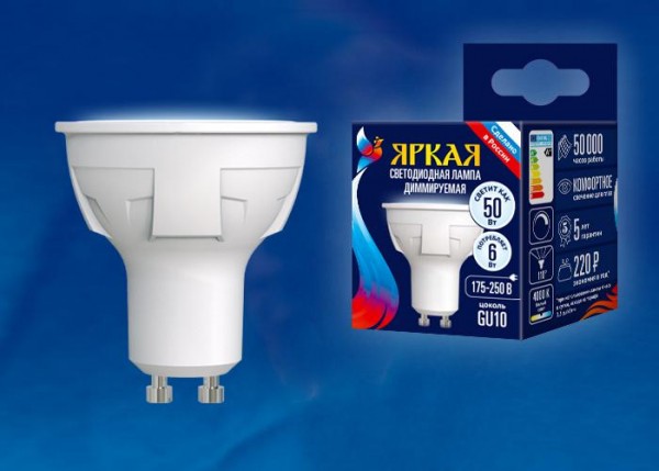  Лампа светодиодная LED-JCDR 6W/NW/GU10/FR/DIM PLP01WH Яркая диммир. мат. картон Uniel UL-00003988 