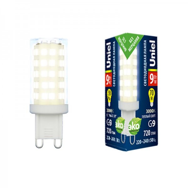  Лампа светодиодная LED-JCD-9W/3000K/G9/CL GLZ09TR прозр. картон Uniel UL-00006488 