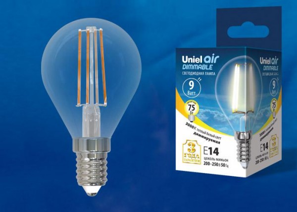  Лампа светодиодная LED-G45-9W/3000K/E14/CL/DIM GLA01TR Air диммир. картон Uniel UL-00005191 
