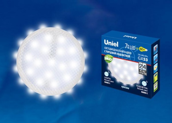  Лампа светодиодная LED-GX53-7W/4000K+4000K/GX53/PR PLB02WH 4000К призма торц. подсветка бел. свет картон Uniel UL-00006498 