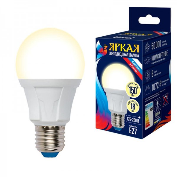  Лампа светодиодная LED-A60 18W/3000K/E27/FR PLP01WH Яркая мат. картон Uniel UL-00005036 