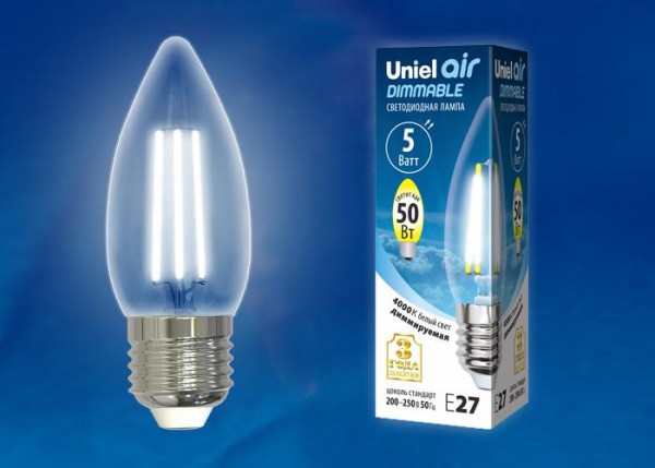  Лампа светодиодная LED-C35-5W/NW/E27/CL/DIM GLA01TR Air диммир. картон Uniel UL-00003642 