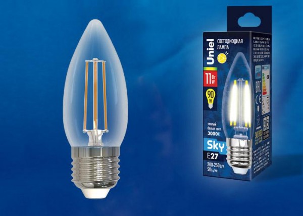  Лампа светодиодная LED-C35-11W/3000K/E27/CL PLS02WH Sky прозр. картон Uniel UL-00005166 