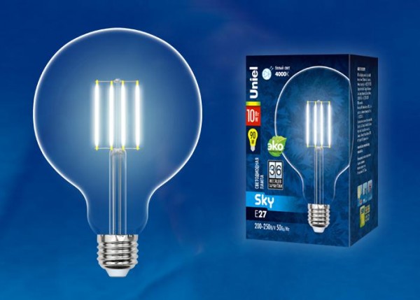  Лампа светодиодная LED-G125-10W/NW/E27/CL PLS02WH Sky прозр. картон Uniel UL-00004859 