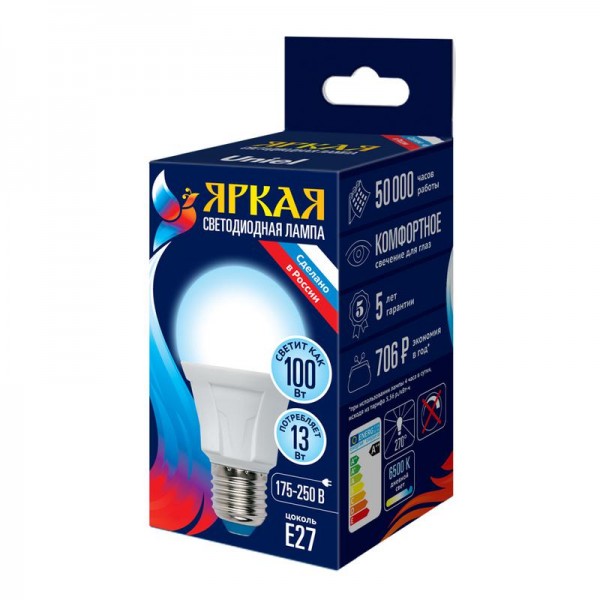  Лампа светодиодная LED-A60 13W/6500K/E27/FR PLP01WH Яркая мат. картон Uniel UL-00005032 