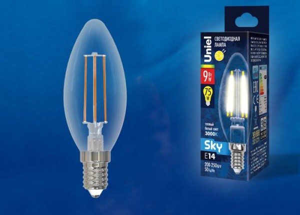  Лампа светодиодная LED-C35-9W/3000K/E14/CL PLS02WH Sky прозр. картон Uniel UL-00005160 
