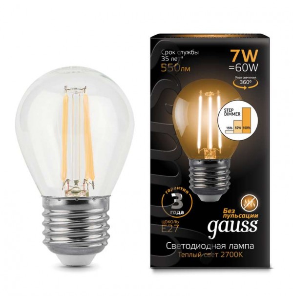  Лампа светодиодная Black Filament Globe 7Вт 2700К E27 step dimmable Gauss 105802107-S 