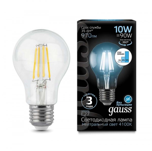  Лампа светодиодная Black Filament A60 10Вт 4100К E27 step dimmable Gauss 102802210-S 