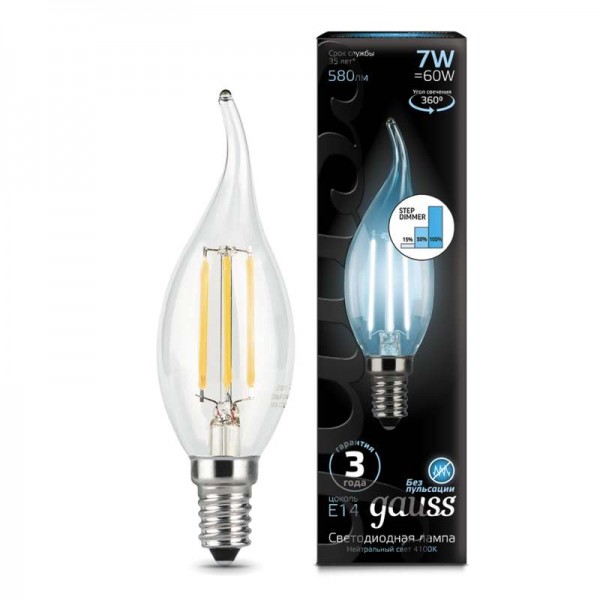  Лампа светодиодная Black Filament Candle tailed 7Вт 4100К E14 step dimmable Gauss 104801207-S 