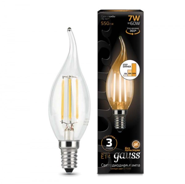  Лампа светодиодная Black Filament Candle tailed 7Вт 2700К E14 step dimmable Gauss 104801107-S 