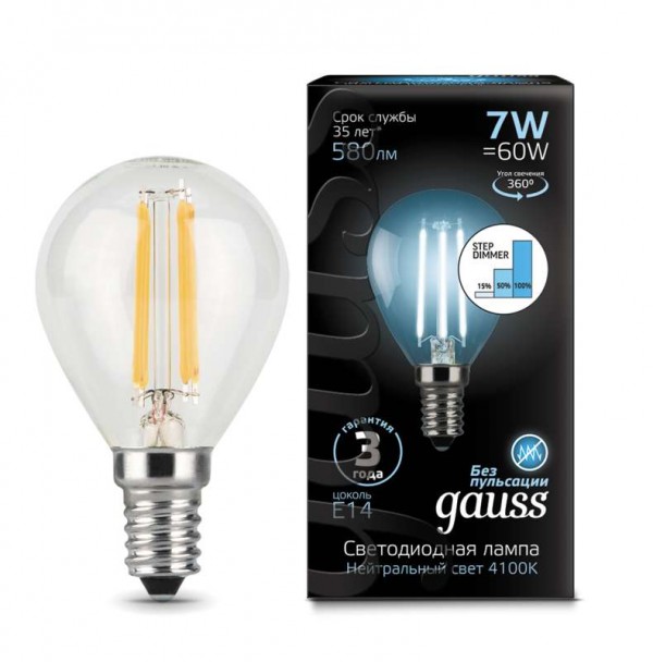  Лампа светодиодная Black Filament Globe 7Вт 4100К E14 step dimmable Gauss 105801207-S 