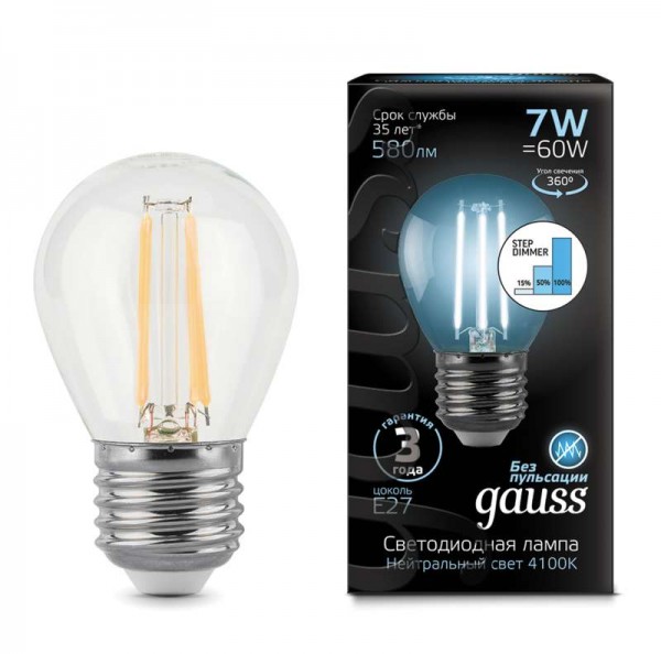  Лампа светодиодная Black Filament Globe 7Вт 4100К E27 step dimmable Gauss 105802207-S 
