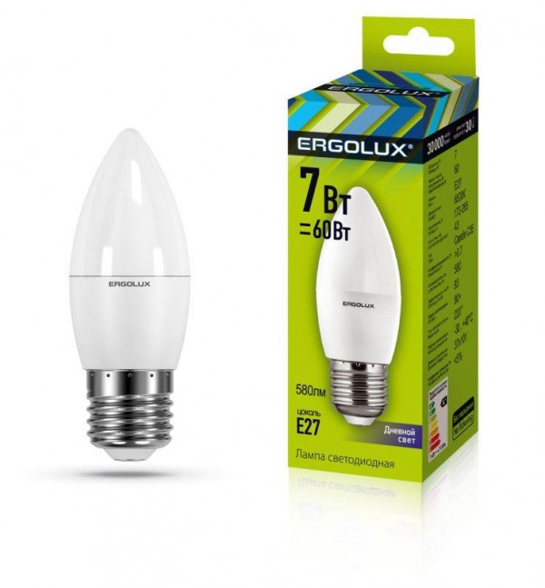  Лампа светодиодная LED-C35-7W-E27-6K Свеча 7Вт E27 6500К 172-265В Ergolux 13299 