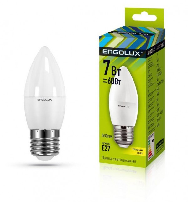  Лампа светодиодная LED-C35-7W-E27-3K Свеча 7Вт E27 3000К 172-265В Ergolux 13297 