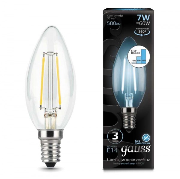  Лампа светодиодная Black Filament Candle 7Вт 4100К E14 step dimmable Gauss 103801207-S 