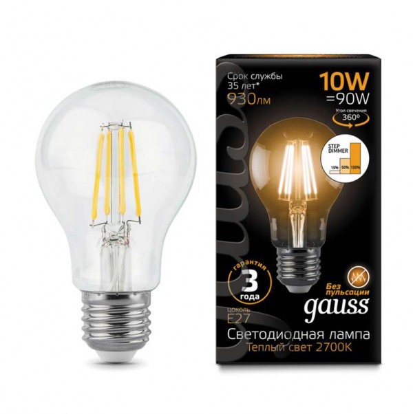  Лампа светодиодная Black Filament A60 10Вт 2700К E27 step dimmable Gauss 102802110-S 