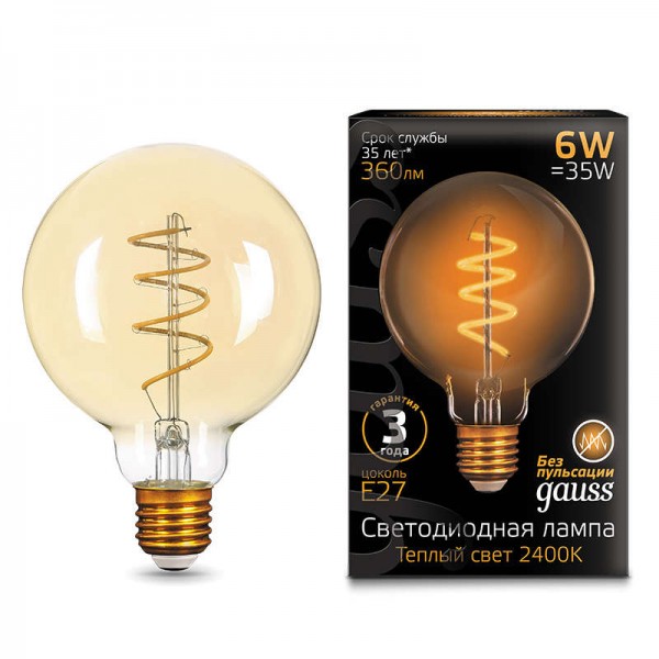  Лампа светодиодная Black Filament G95 Flexible 6Вт 2400К E27 Golden Gauss 105802007 