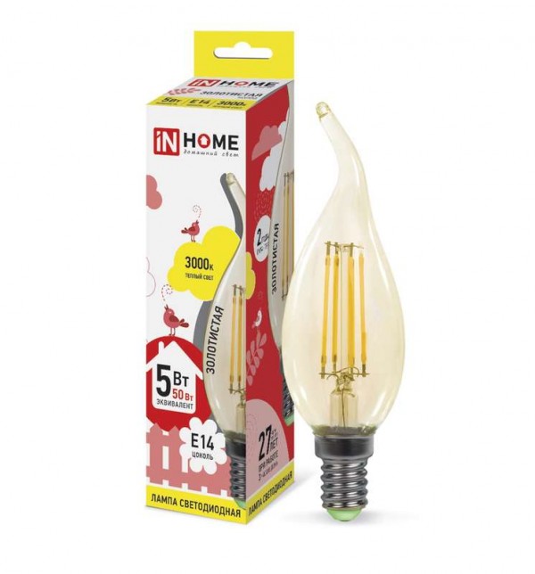  Лампа светодиодная LED-СВЕЧА НА ВЕТРУ-deco 5Вт 230В E14 3000К 450Лм зол. IN HOME 4690612007212 
