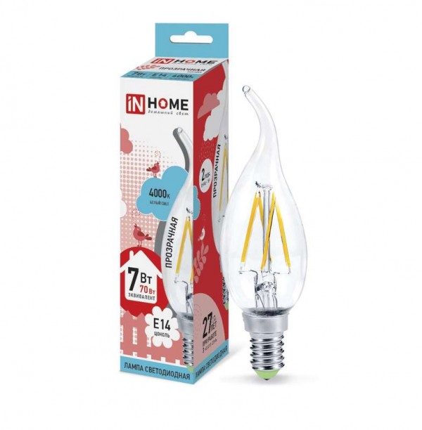  Лампа светодиодная LED-СВЕЧА НА ВЕТРУ-deco 7Вт 230В E14 4000К 630Лм прозр. IN HOME 4690612007670 