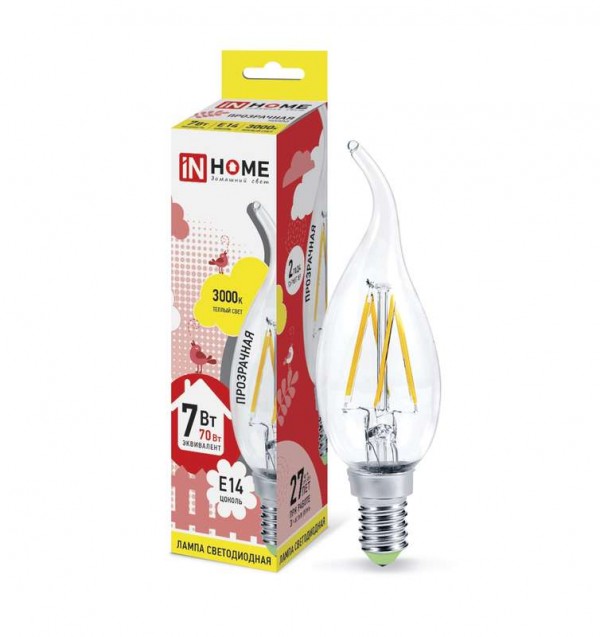  Лампа светодиодная LED-СВЕЧА НА ВЕТРУ-deco 7Вт 230В E14 3000К 630Лм прозр. IN HOME 4690612007663 