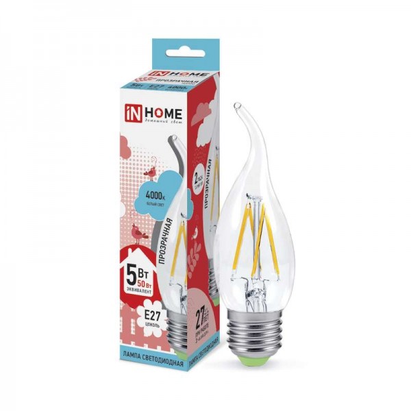  Лампа светодиодная LED-СВЕЧА НА ВЕТРУ-deco 5Вт 230В E27 4000К 450Лм прозр. IN HOME 4690612007656 