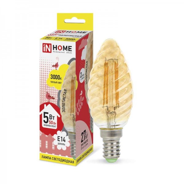  Лампа светодиодная LED-СВЕЧА ВИТАЯ-deco 5Вт 230В E14 3000К 450Лм зол. IN HOME 4690612007199 