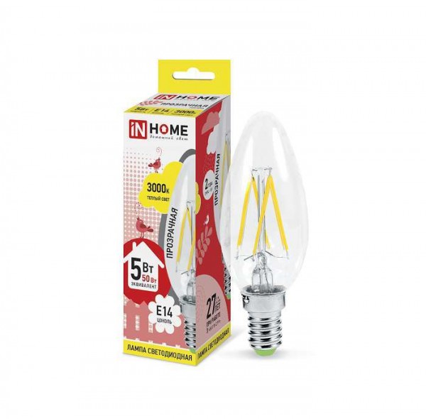  Лампа светодиодная LED-свеча-deco 5Вт 230В E14 3000К 450Лм прозрачная IN HOME 4690612007564 