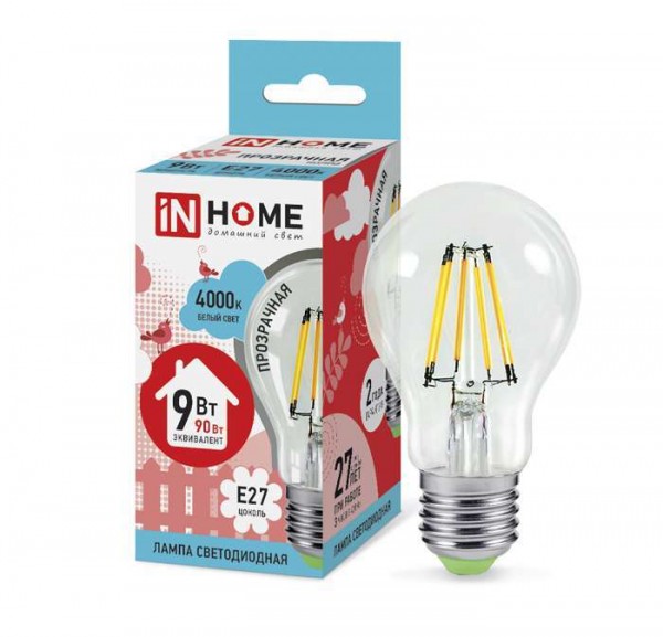  Лампа светодиодная LED-A60-deco 9Вт грушевидная 230В E27 4000К 810лм прозр. IN HOME 4690612008073 