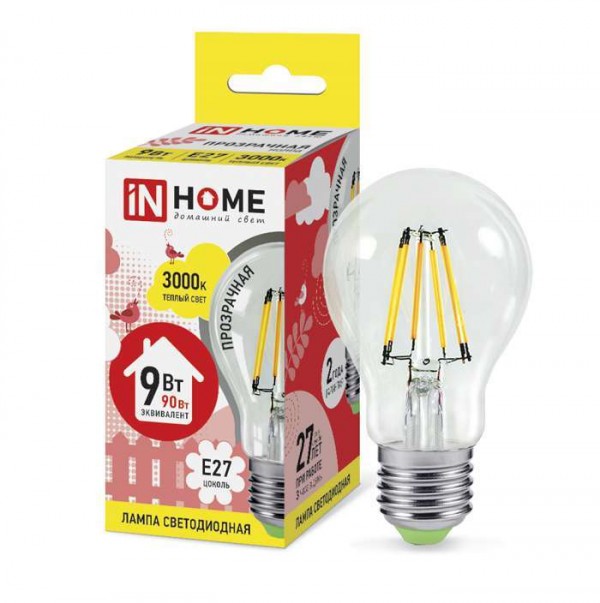  Лампа светодиодная LED-A60-deco 9Вт грушевидная 230В E27 3000К 810лм прозр. IN HOME 4690612008066 