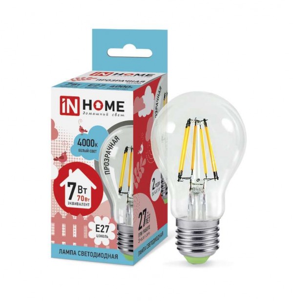  Лампа светодиодная LED-A60-deco 7Вт грушевидная 230В E27 4000К 630лм прозр. IN HOME 4690612008059 