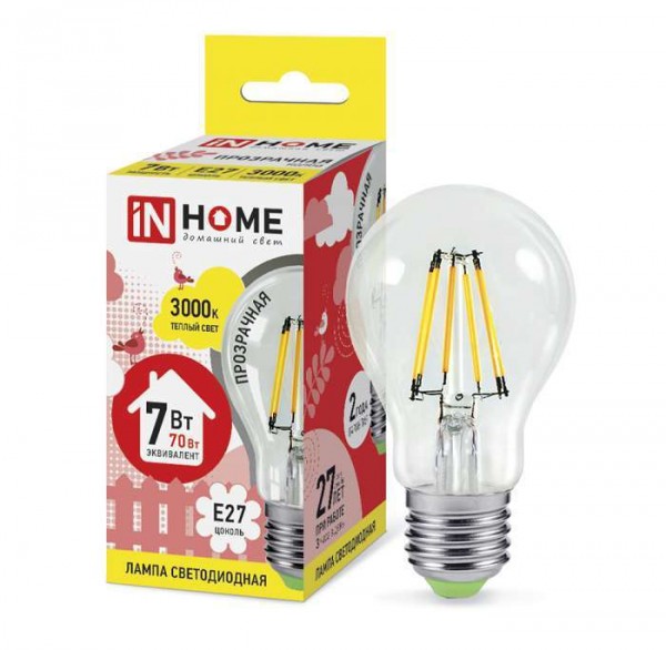  Лампа светодиодная LED-A60-deco 7Вт грушевидная 230В E27 3000К 630лм прозр. IN HOME 4690612008042 