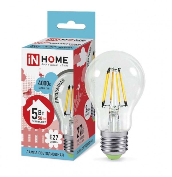  Лампа светодиодная LED-A60-deco 5Вт грушевидная 230В E27 4000К 450лм прозр. IN HOME 4690612008035 