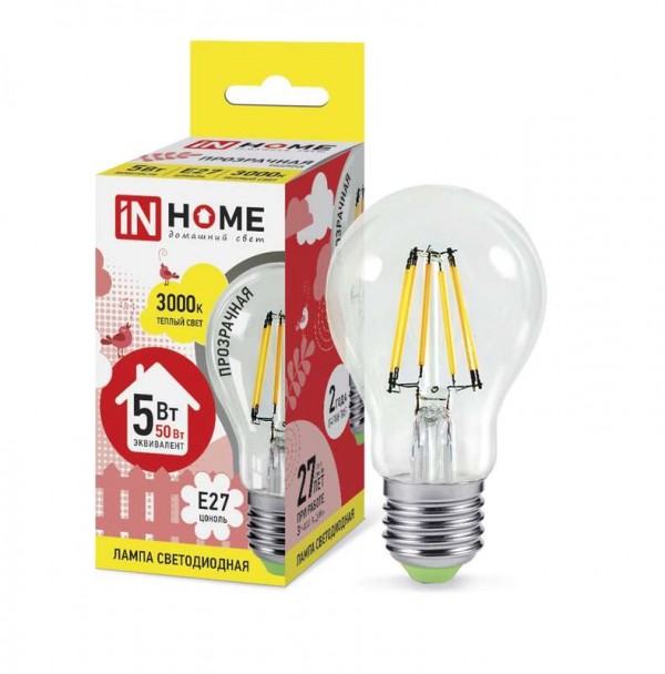  Лампа светодиодная LED-A60-deco 5Вт грушевидная 230В E27 3000К 450лм прозр. IN HOME 4690612008028 