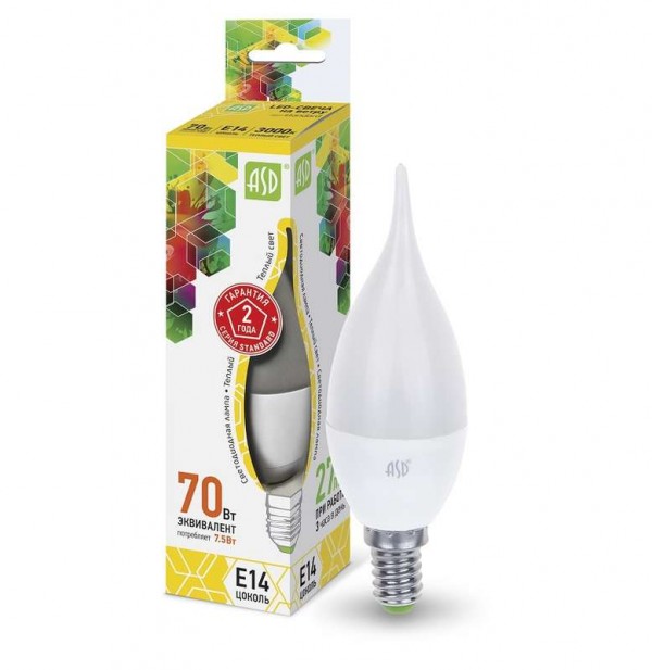  Лампа светодиодная LED-свеча на ветру-standard 7.5Вт свеча на ветру 3000К тепл. бел. E14 675лм 160-260В ASD 4690612004556 
