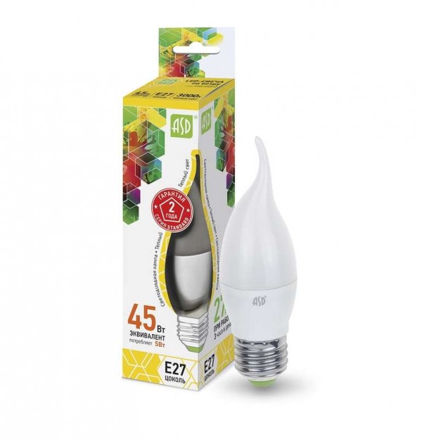  Лампа светодиодная LED-свеча на ветру-standard 5Вт свеча на ветру 3000К тепл. бел. E27 450лм 160-260В ASD 4690612004532 