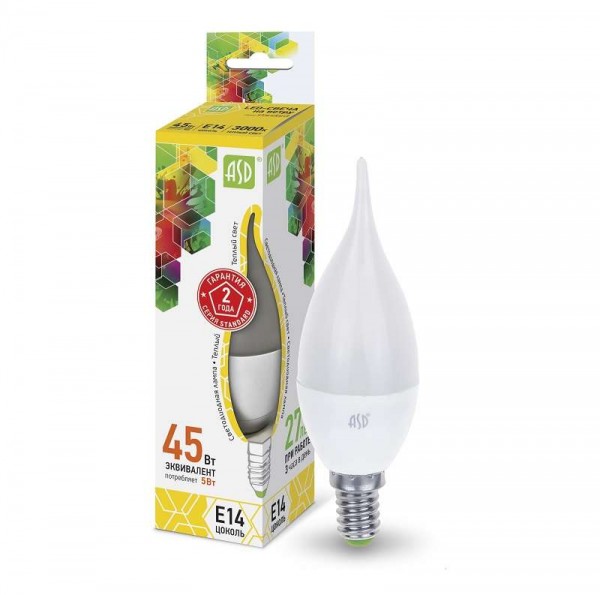  Лампа светодиодная LED-свеча на ветру-standard 5Вт свеча на ветру 3000К тепл. бел. E14 450лм 160-260В ASD 4690612004518 