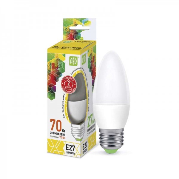  Лампа светодиодная LED-свеча-standard 7.5Вт свеча 3000К тепл. бел. E27 675лм 160-260В ASD 4690612003948 