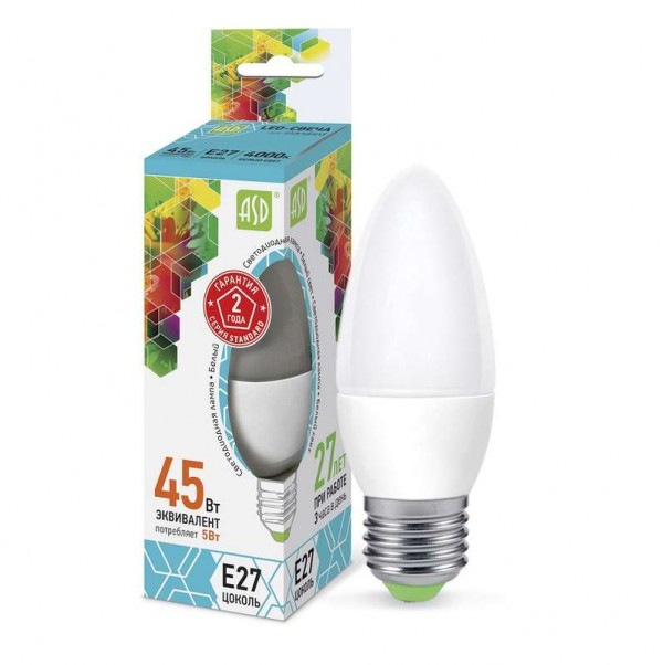  Лампа светодиодная LED-СВЕЧА-standard 5Вт СВЕЧА 4000К бел. E27 450лм 160-260В ASD 4690612003917 