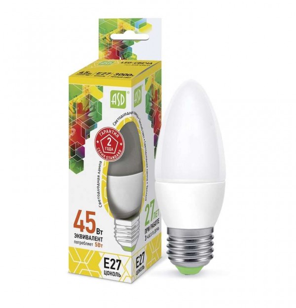  Лампа светодиодная LED-свеча-standard 5Вт свеча 3000К тепл. бел. E27 450лм 160-260В ASD 4690612003900 