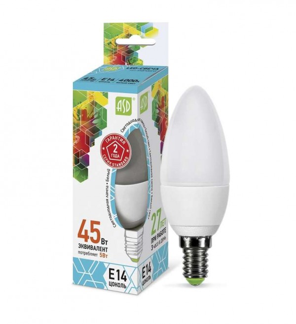  Лампа светодиодная LED-СВЕЧА-standard 5Вт СВЕЧА 4000К бел. E14 450лм 160-260В ASD 4690612002224 