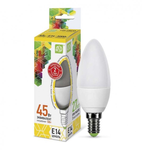  Лампа светодиодная LED-свеча-standard 5Вт свеча 3000К тепл. бел. E14 450лм 160-260В ASD 4690612002200 