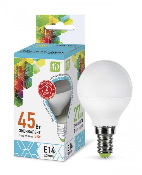  Лампа светодиодная LED-ШАР-standard 5Вт ШАР 4000К бел. E14 450лм 160-260В ASD 4690612002149 